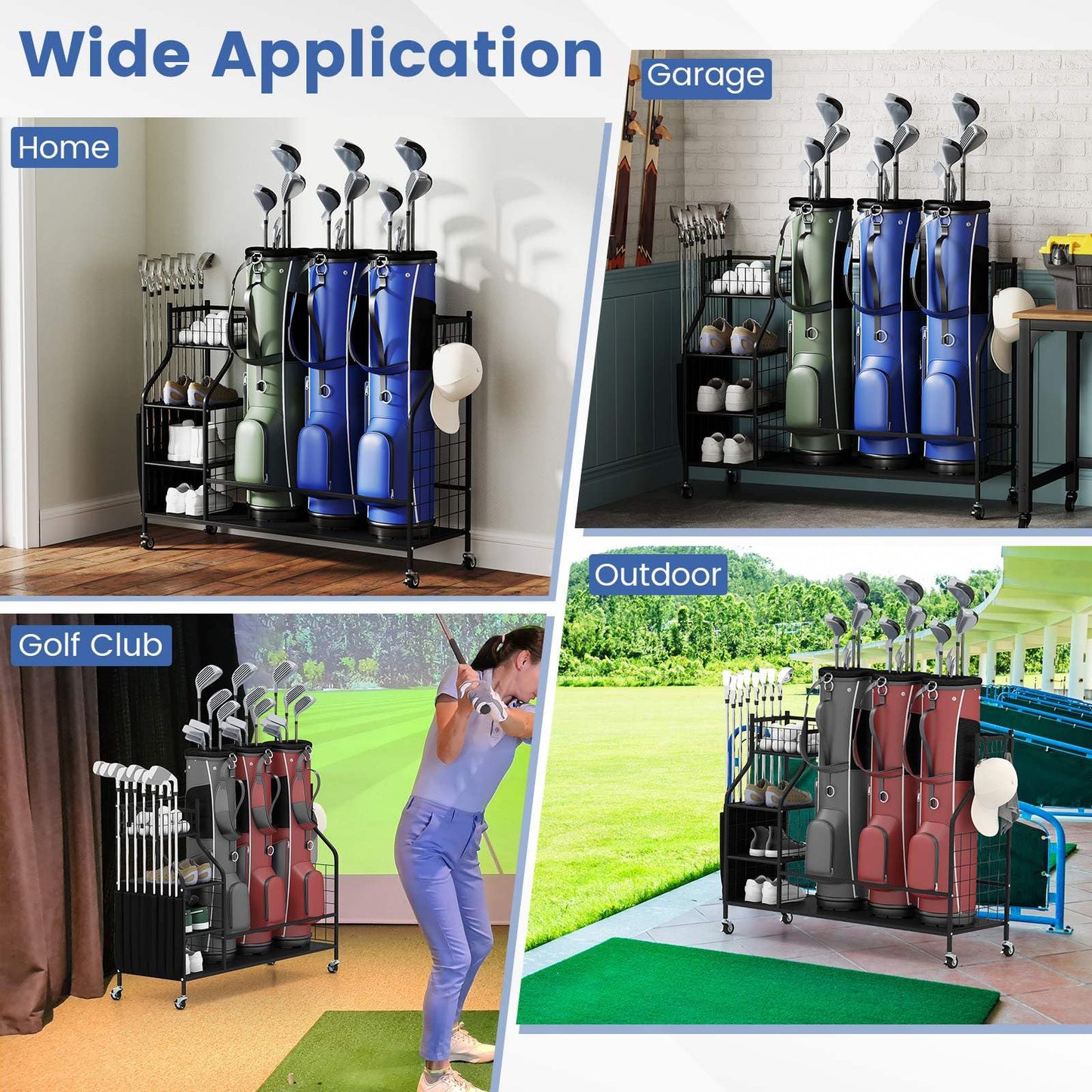 3 Golf Bag Stand for Clubs with Lockable Wheels