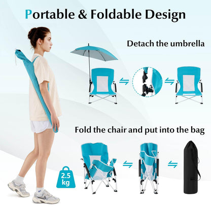 Foldable Beach Umbrella Chair with Adjustable Parasol and Universal Umbrella Clamp