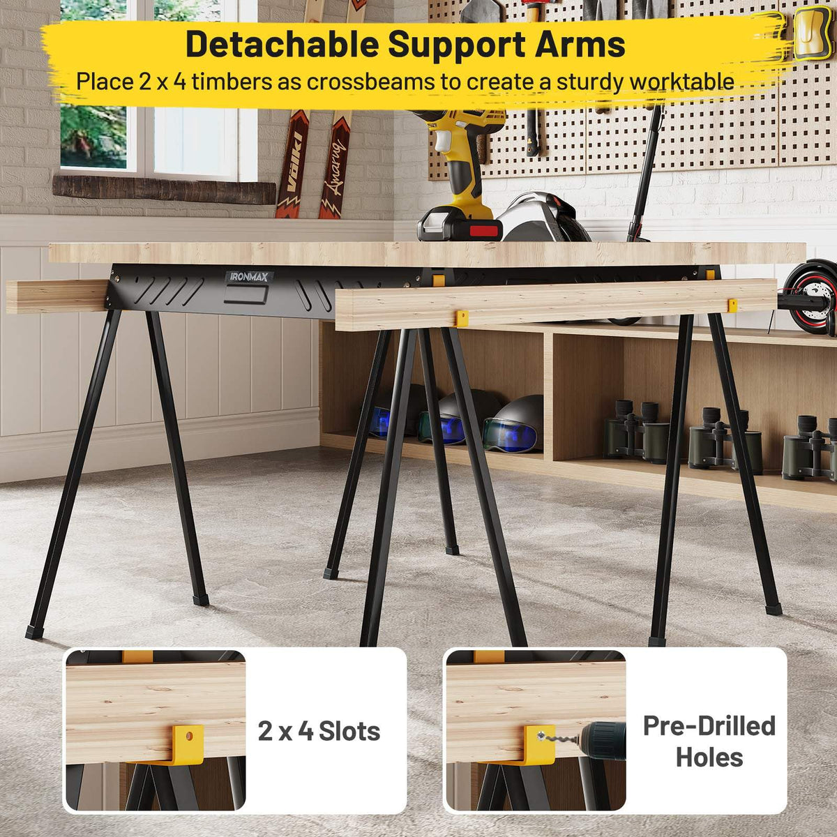 2-Pack Heavy-Duty Folding Sawhorses with 2 x 4 Supporting Arms and Carrying Handle for Woodworking