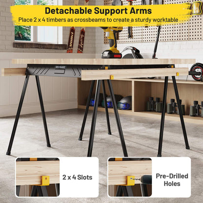 2-Pack Heavy-Duty Folding Sawhorses with 2 x 4 Supporting Arms and Carrying Handle for Woodworking