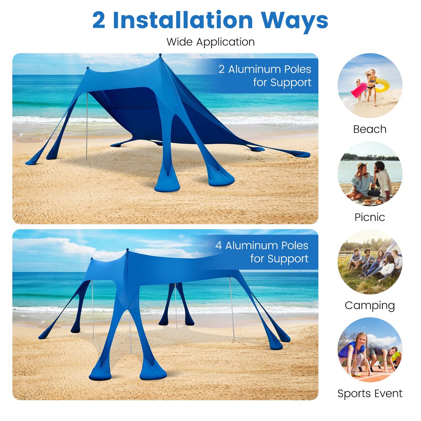 3 x 3m Beach Sunshade Canopy Windproof Sunshade for Beach Camping Patio Trip