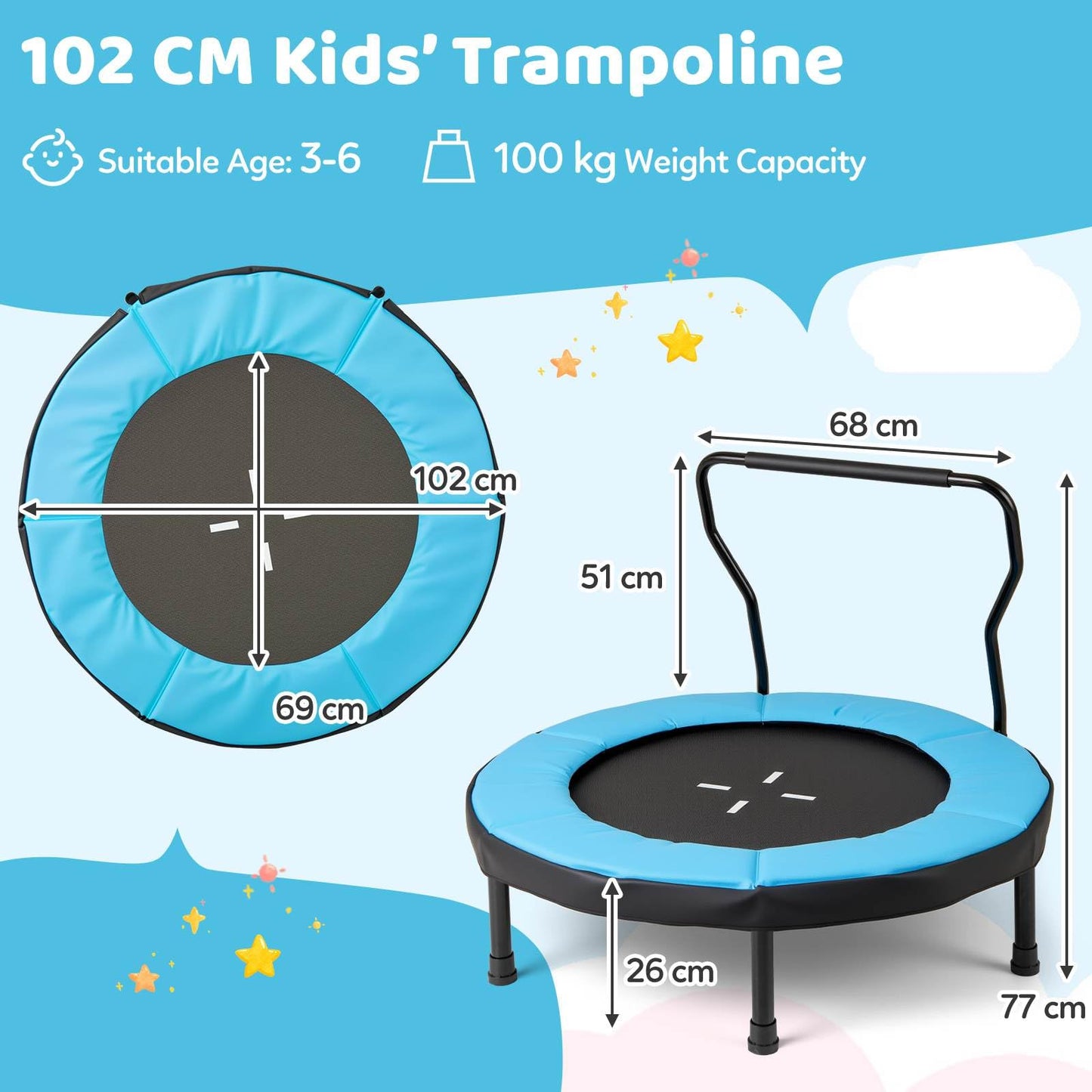 Trampoline with Foam Handlebar & Safety Pad for 3-6 Years Old Toddlers