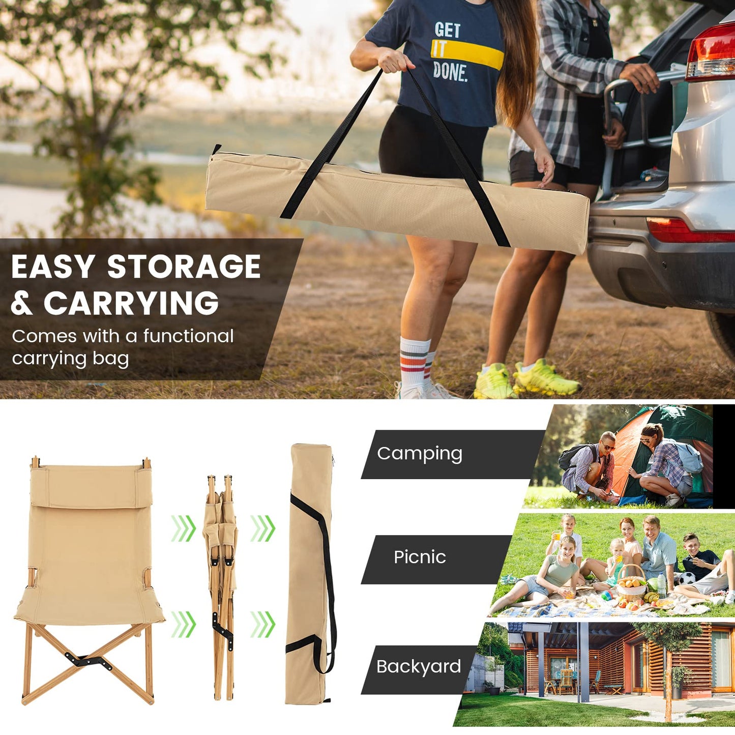 Outdoor Bamboo Chair with 2-Level Adjustable Backrest No Assembly Required