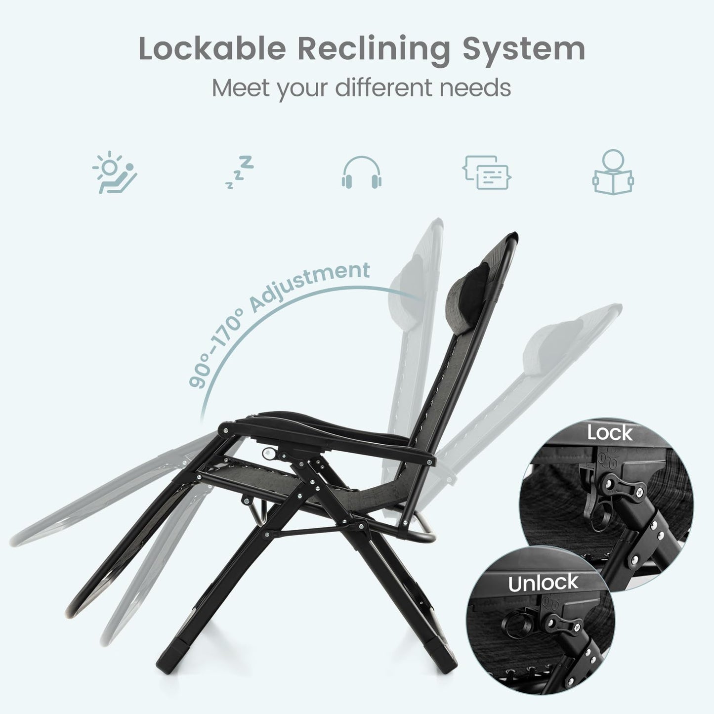 Adjustable Metal Zero Gravity Lounge Chair with Removable Cushion