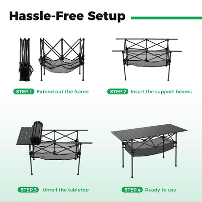 Patio Folding Camping Table Portable Picnic Table with Aluminum Roll-up Tabletop and Mesh Basket