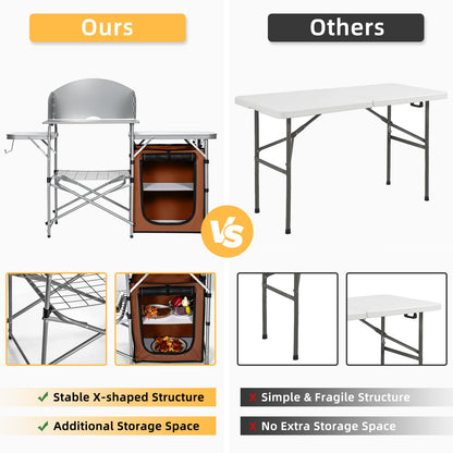 Outdoor Camping Table with Storage Aluminium Folding Camp Kitchen with Windscreen
