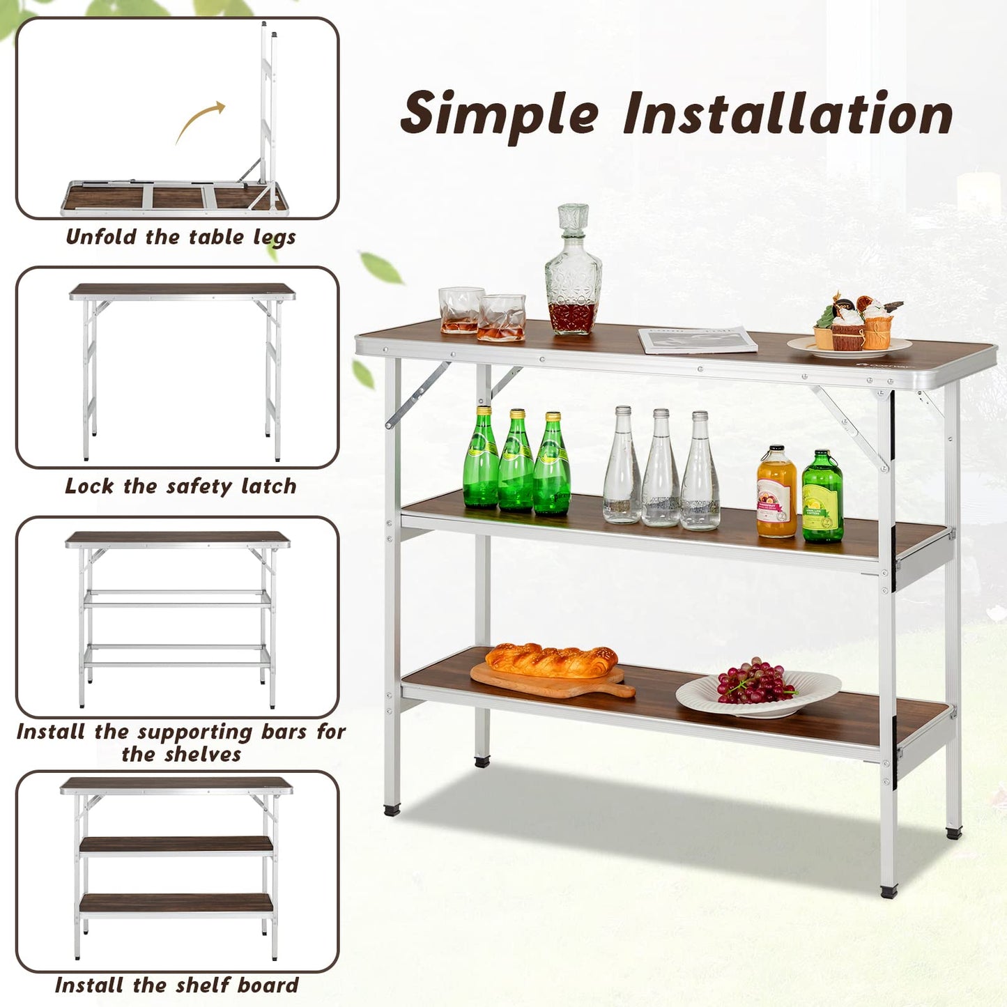 Aluminum Portable Picnic Table With 2-Tier Open Shelves & Spacious Tabletop