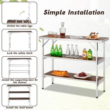 Aluminum Portable Picnic Table With 2-Tier Open Shelves & Spacious Tabletop