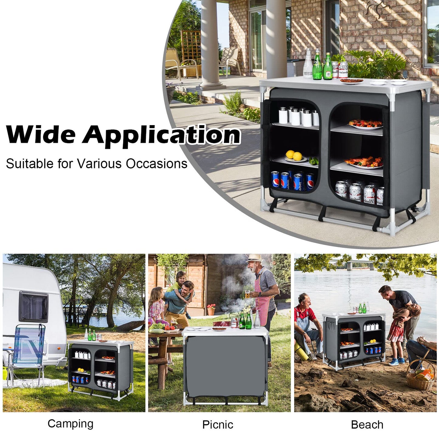 Aluminum Camping Table Portable Camping Kitchen Cupboard Table with Zippered Storage Shelves and Carrying Bag