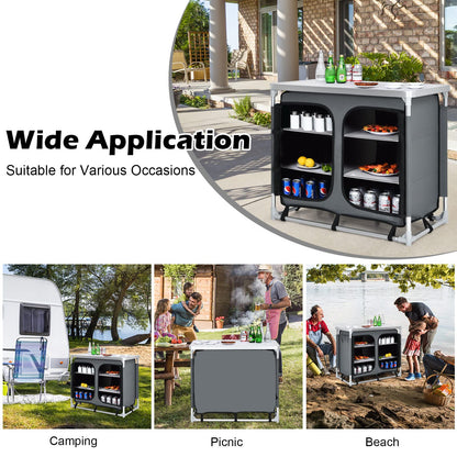 Aluminum Camping Table Portable Camping Kitchen Cupboard Table with Zippered Storage Shelves and Carrying Bag