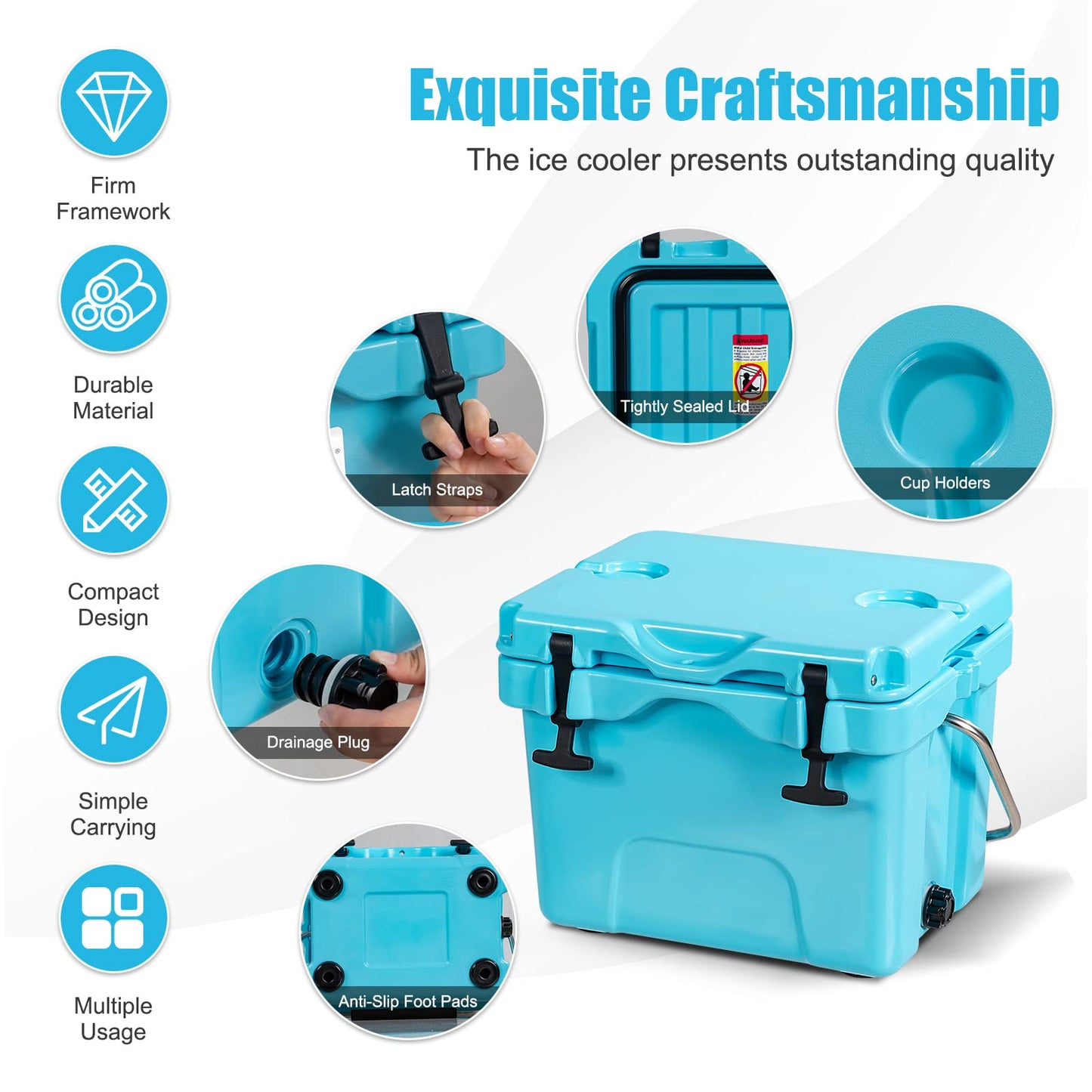 Gymax 16 Quart Cooler 24 Can Insulated Ice Chest Box with Heavy Duty Handle and 2 Cup Holders