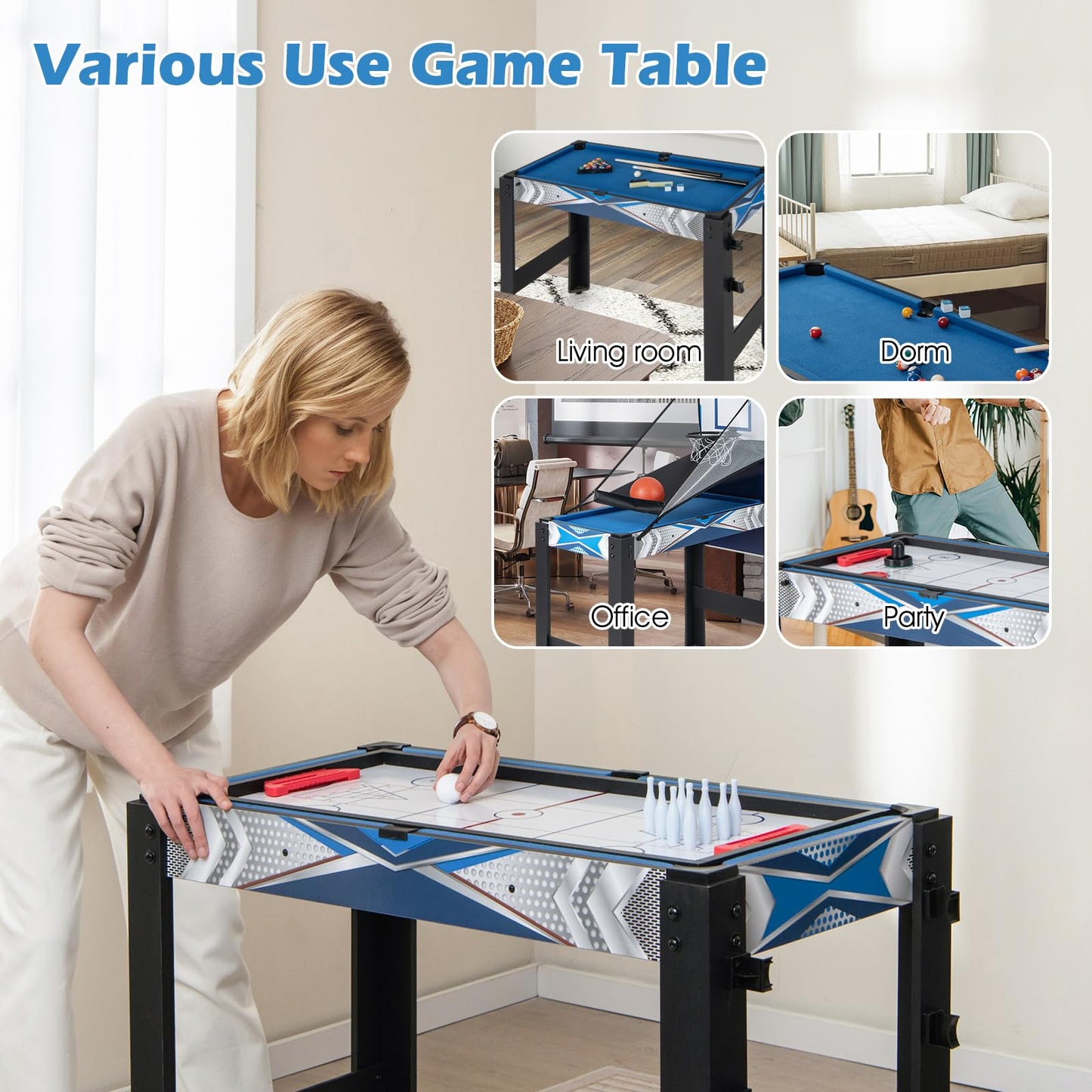 6 in 1 Combo Game Table with Basketball Billiards Ping Pong Hockey Shuffleboard Bowling for Kids and Adults