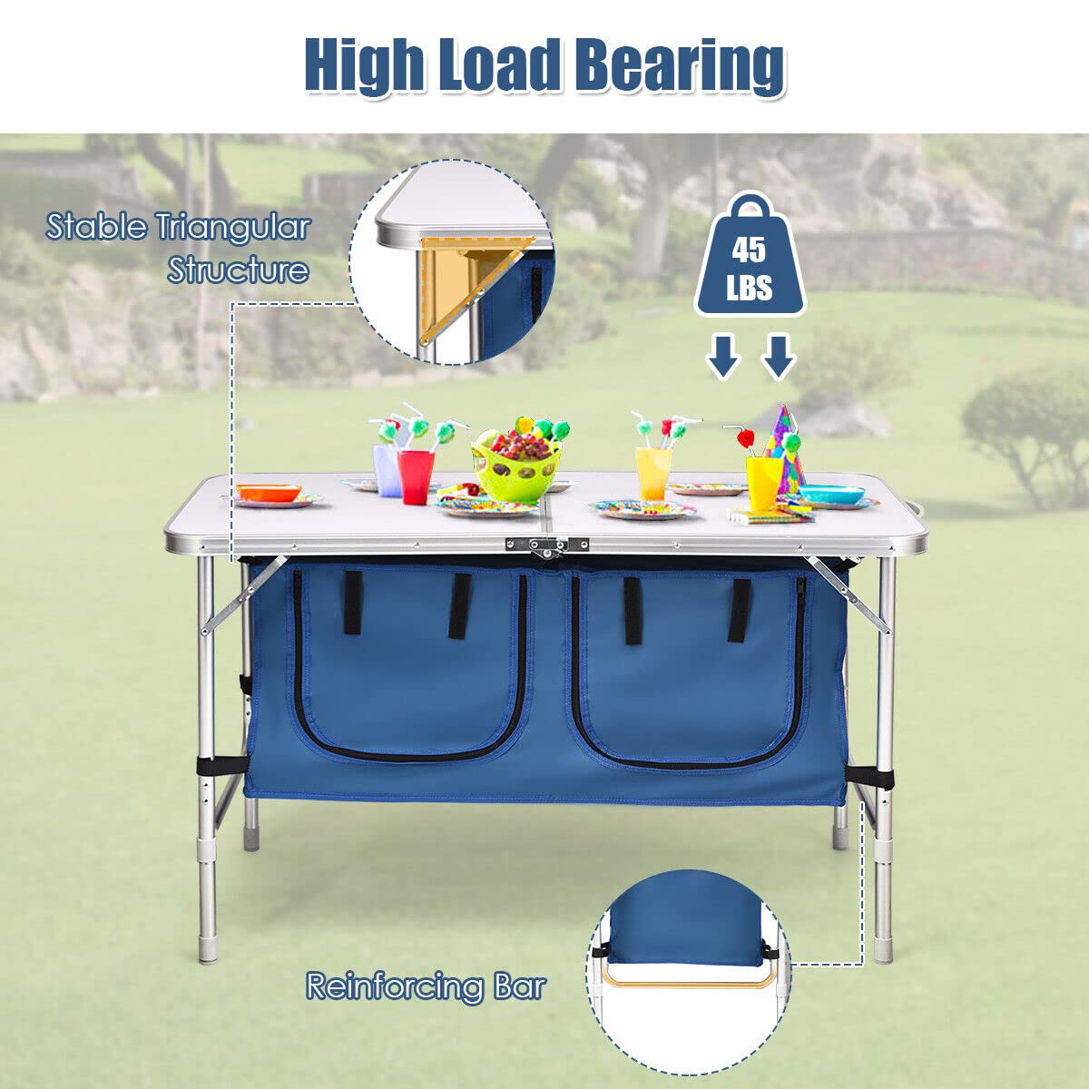 Folding Camping Table with Storage Portable Outdoor Aluminum Picnic Table w/Zippered Storage Organizer