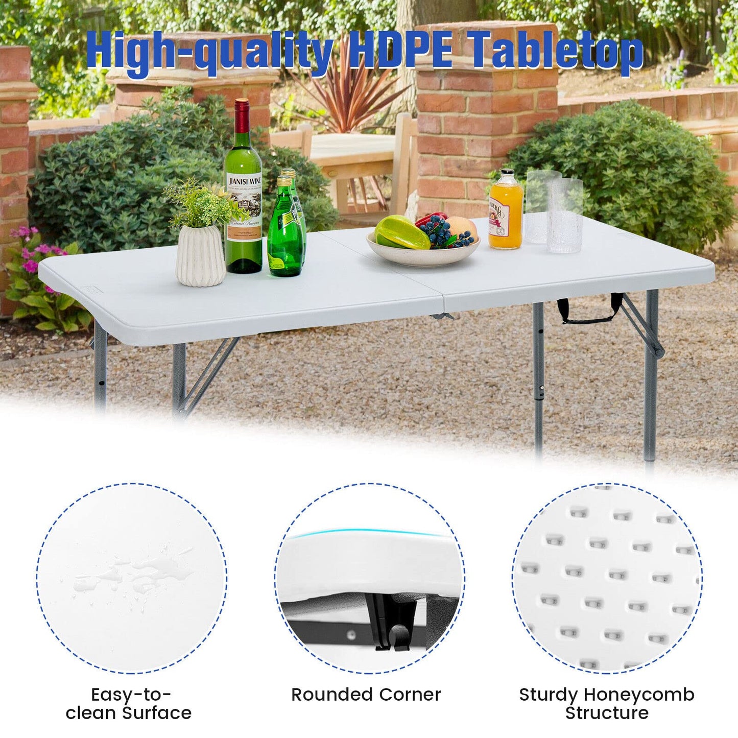 Portable Bi-fold Picnic Table with 3-Level Height Adjustment Carrying Handle