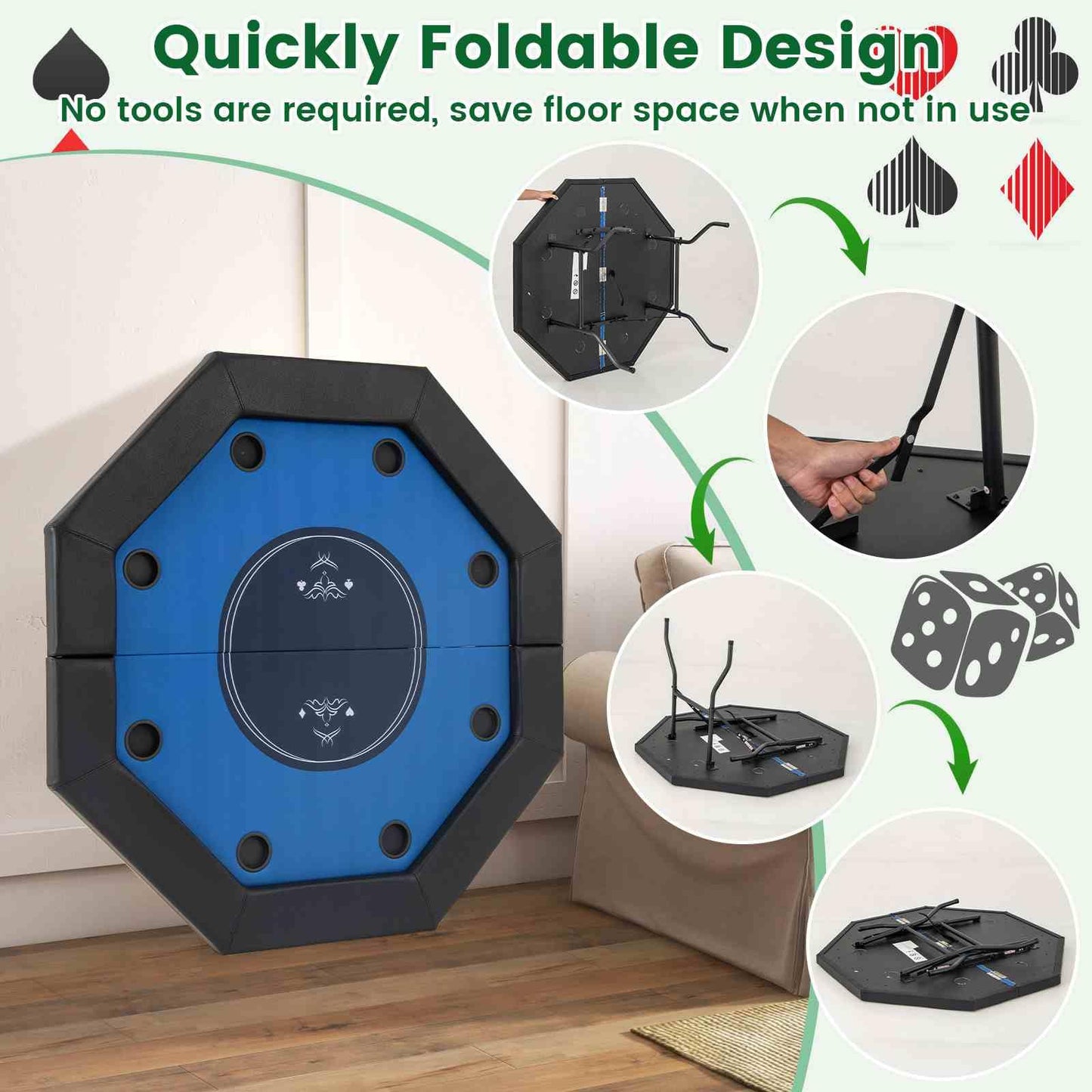 122cm Foldable Poker Table for 8 Players Octagon Poker Card Board Game Leisure Table