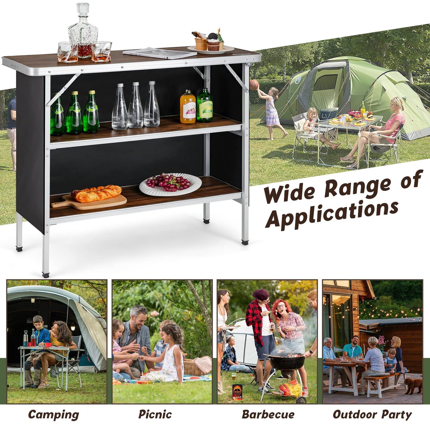 Aluminum Portable Picnic Table With 2-Tier Open Shelves & Spacious Tabletop