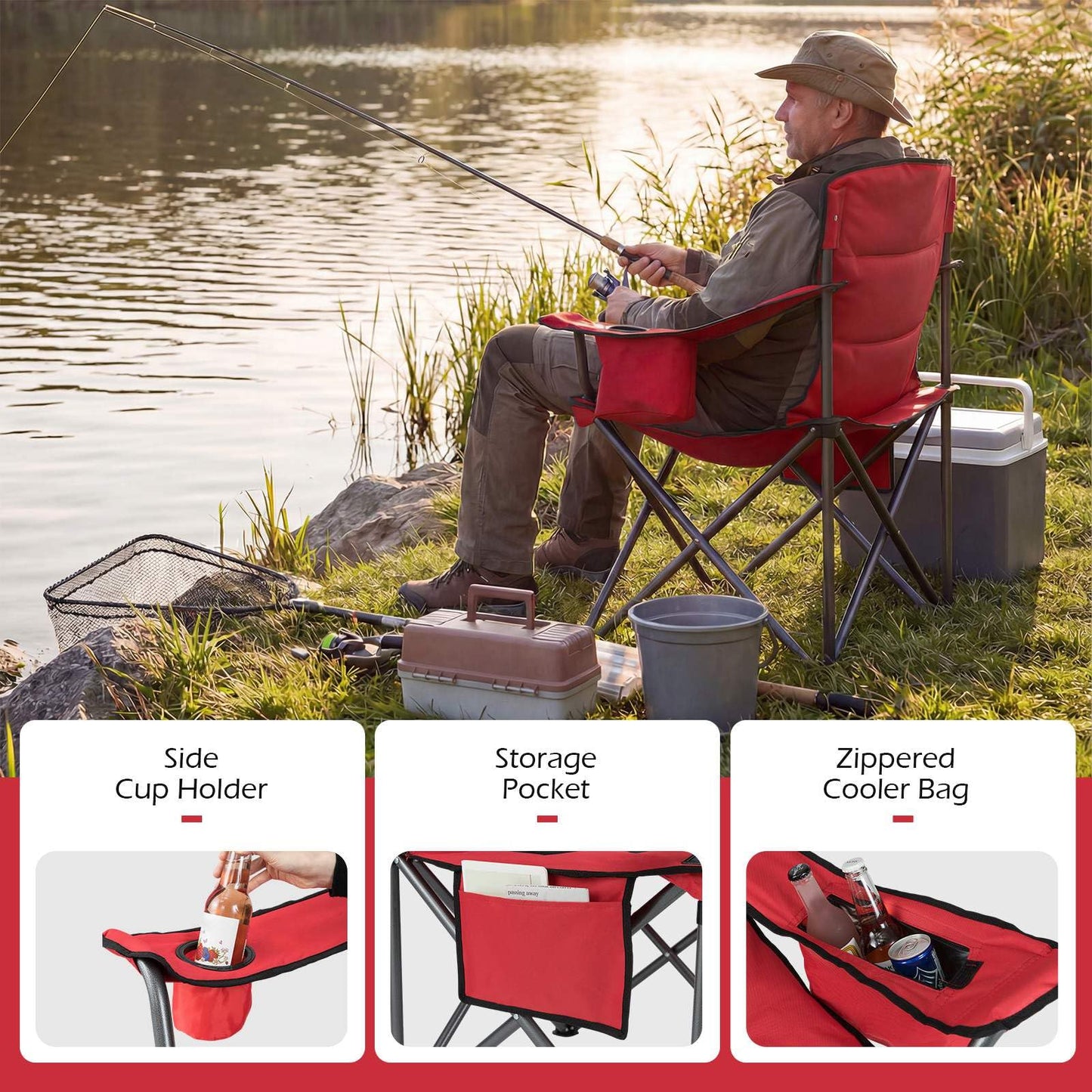 Oversized Camping Chair, Portable Folding Chair with Zippered Cooler Pouch & Cup Holder