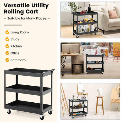 3-Tier Utility Cart with Humanized Handle for Office, Kitchen