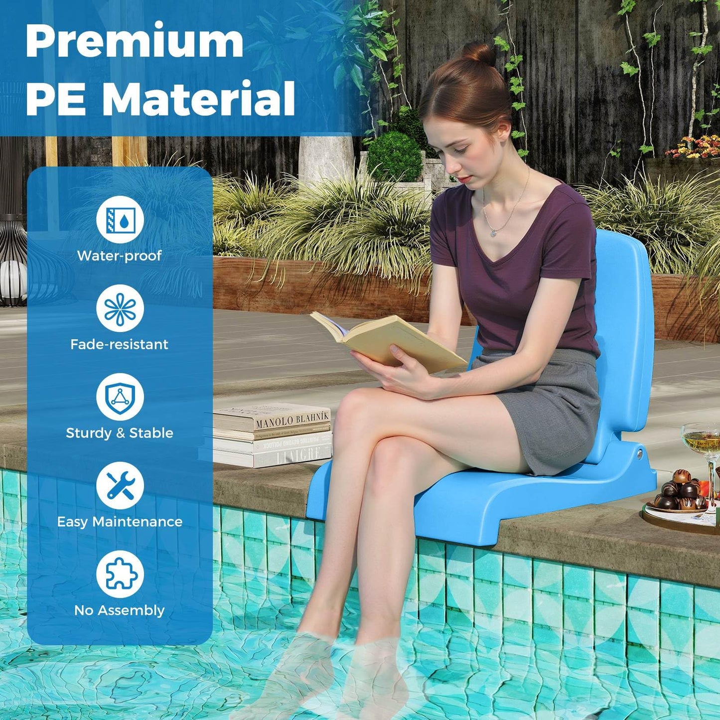 Foldable Outdoor Pool Chair with Handle & Back Support for Edge of Pool