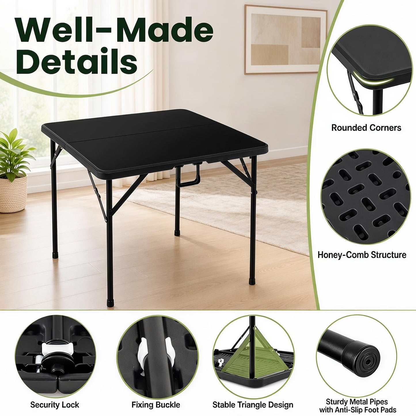 34” Folding Table, Square Foldable Card Table