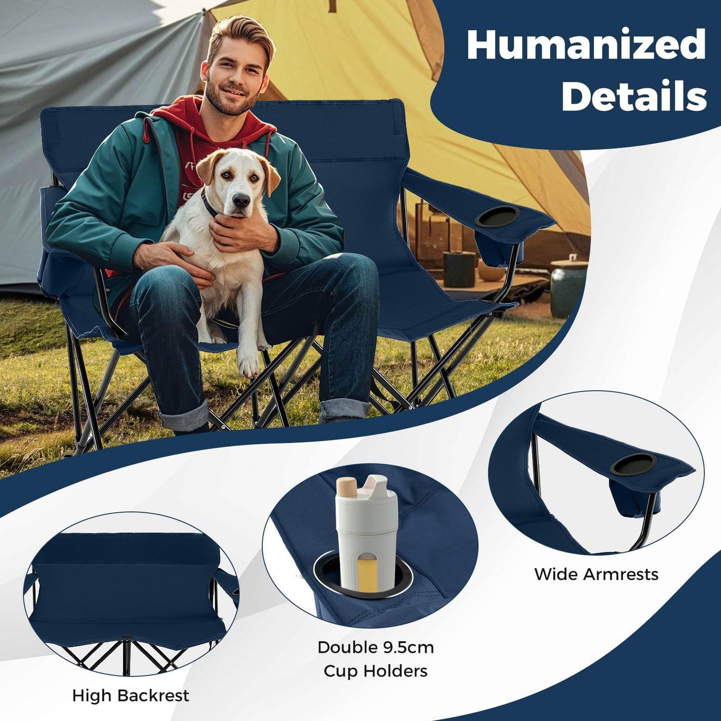 2-Person Outdoor Folding Love seat with Cup Holders & Armrests