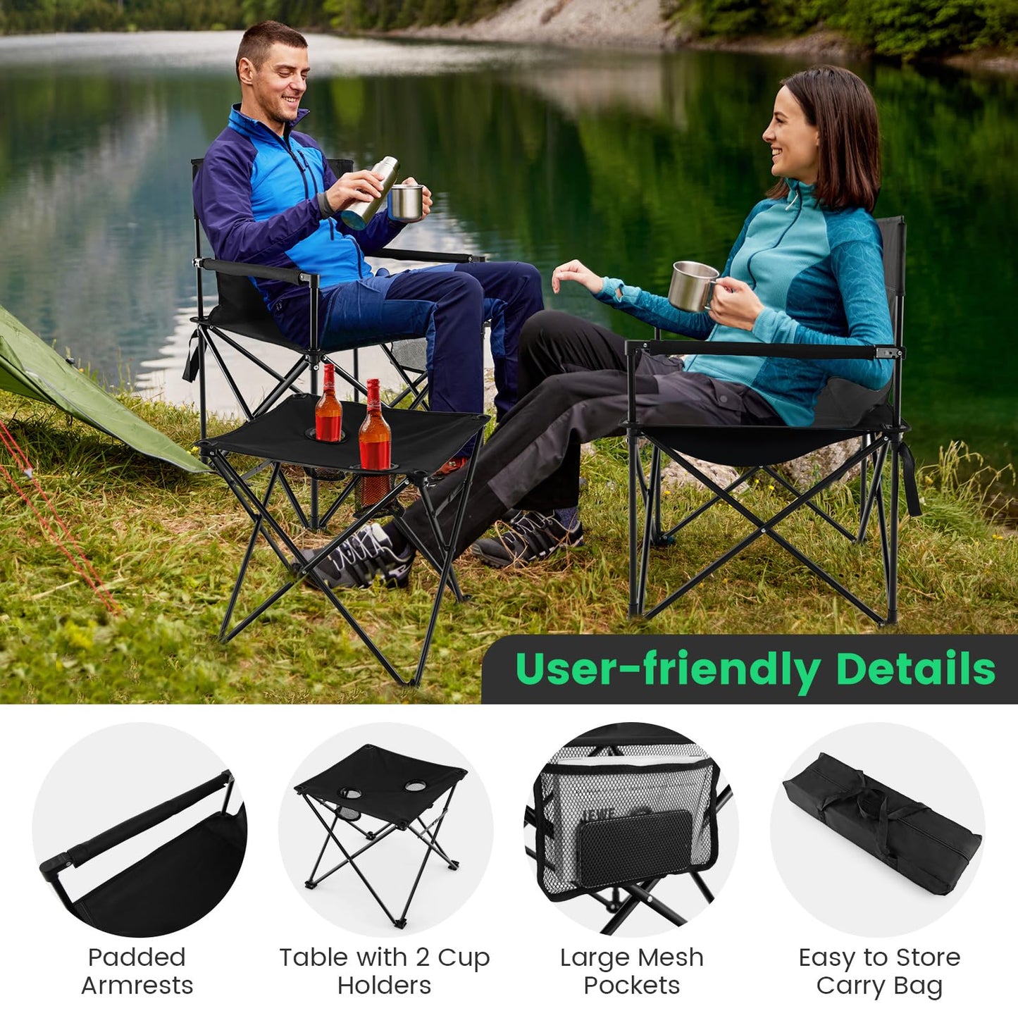 Portable Lawn Chairs & Side Table with 2 Cup Holders Storage Pockets