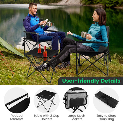 Portable Lawn Chairs & Side Table with 2 Cup Holders Storage Pockets