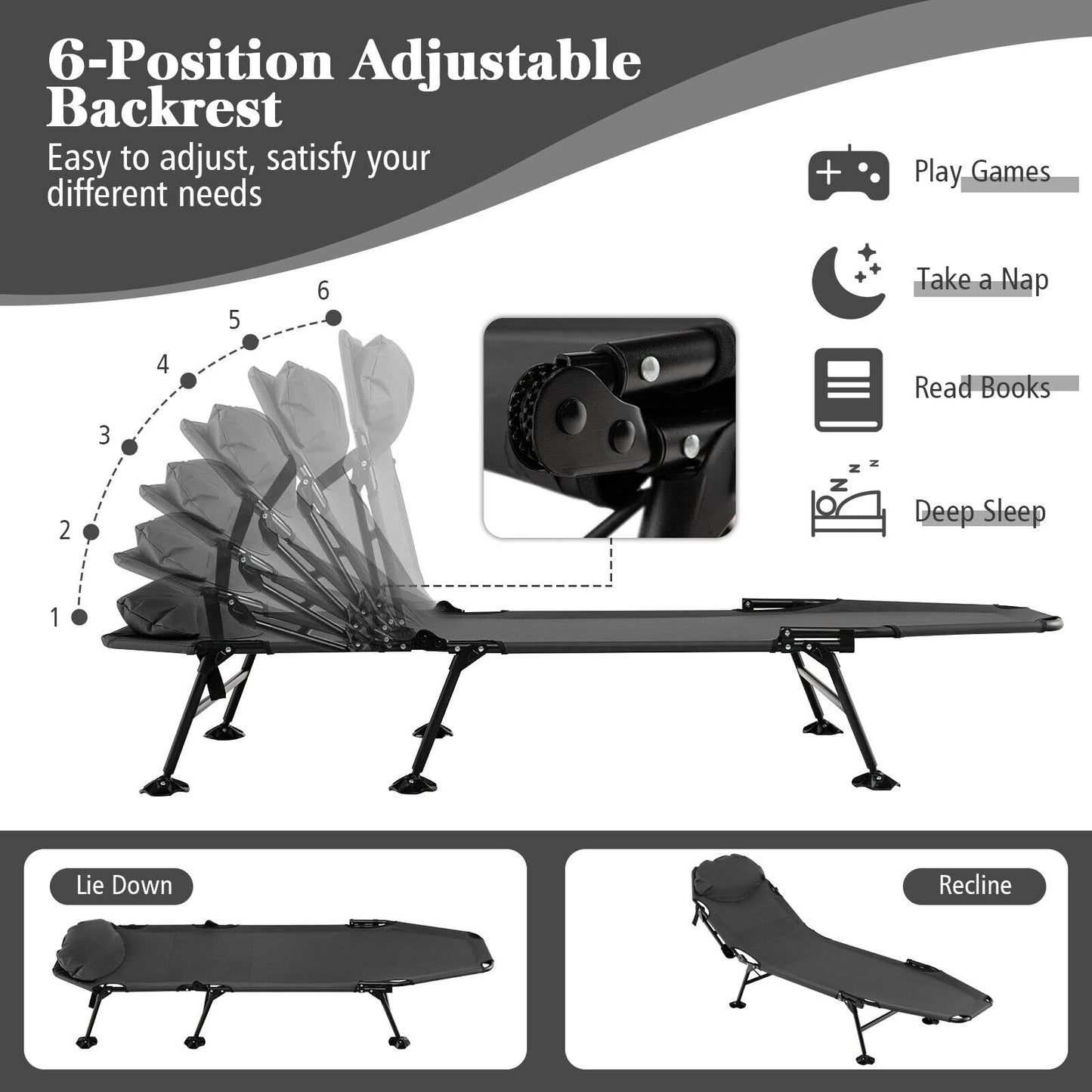 Folding Camping Cot With Detachable Mattress 360° Swivel Foot Cover