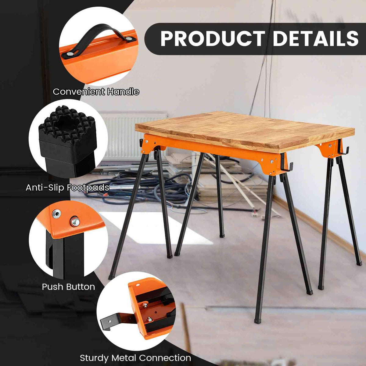 Pack of 2 Folding Sawhorses with Convenient Handle and Lightweight Tool Stands