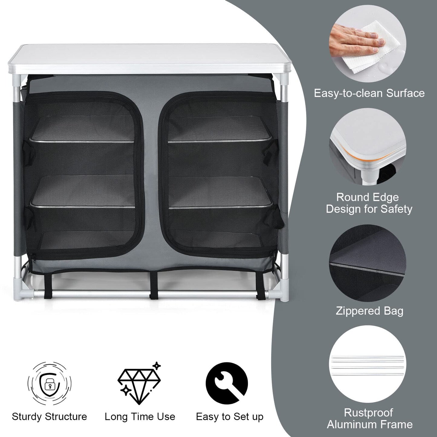 Aluminum Camping Table Portable Camping Kitchen Cupboard Table with Zippered Storage Shelves and Carrying Bag
