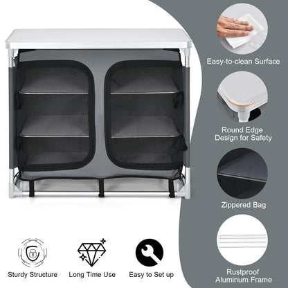 Aluminum Camping Table Portable Camping Kitchen Cupboard Table with Zippered Storage Shelves and Carrying Bag