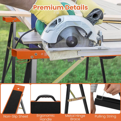 2 Pack Heavy Duty Saw Horses with Folding Design Non-slip Pads and Surface for Woodworking