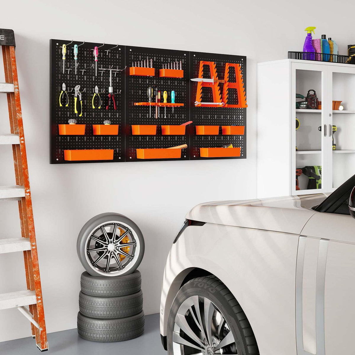 9-Bin Parts Rack Organizer with Hammer Racks and Tool Holders