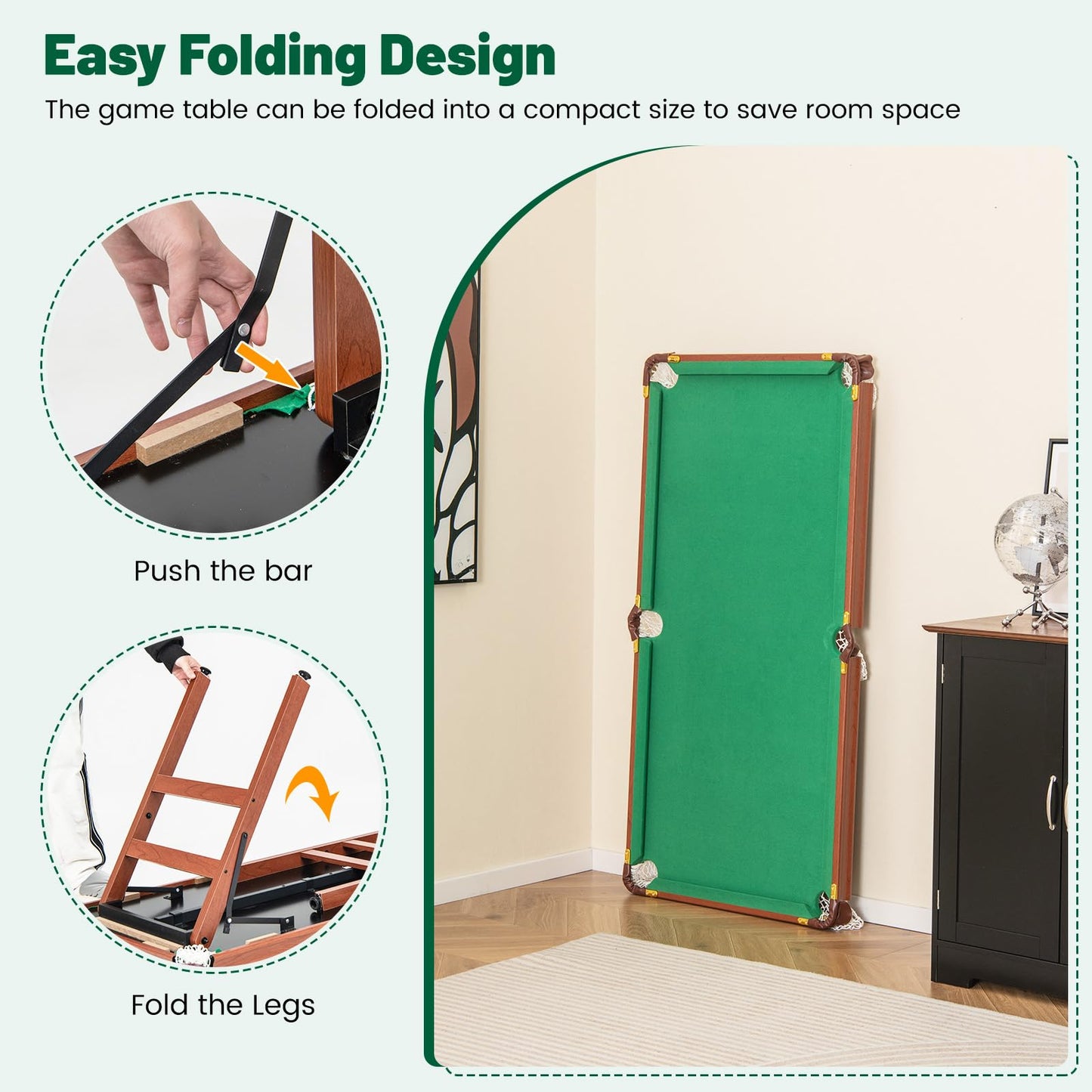 Portable Billiards Table Game with Foldable Legs for Family Game Bar Gym Room