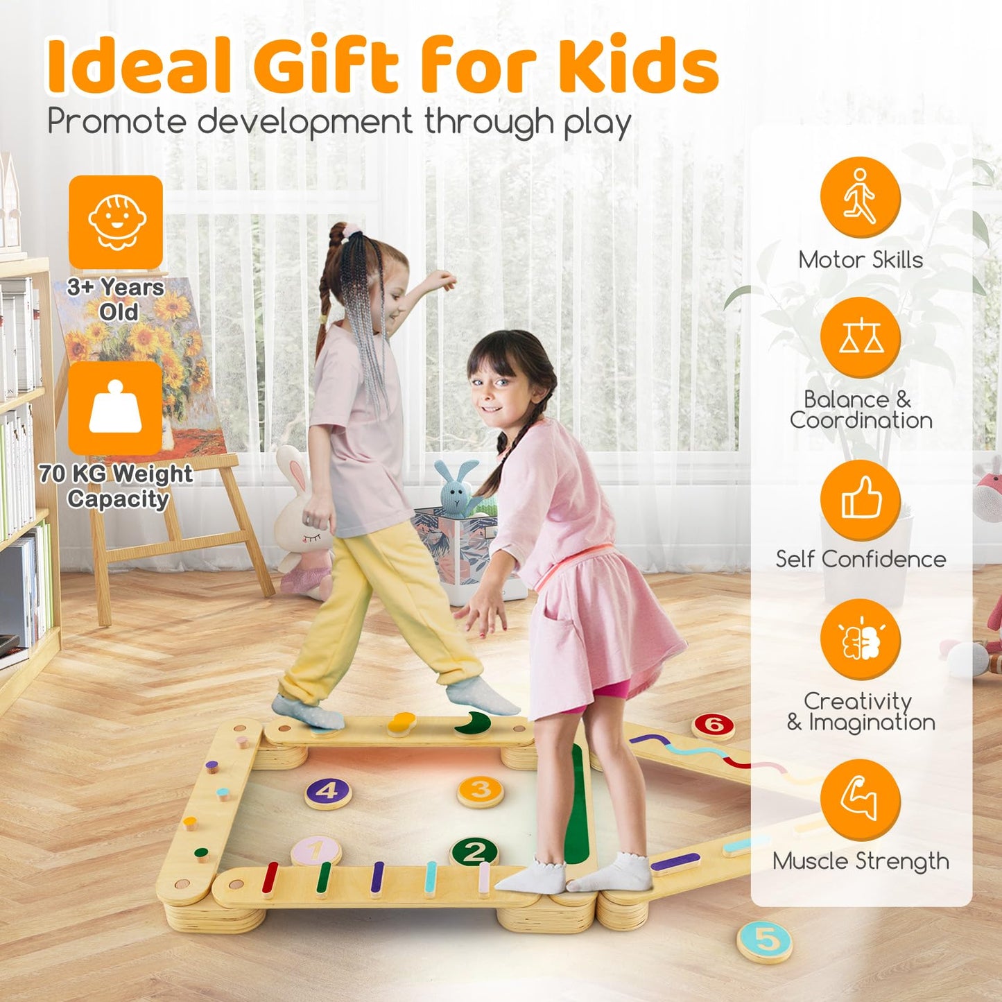 Wooden Kids Balance Beam Set with Stepping Stones