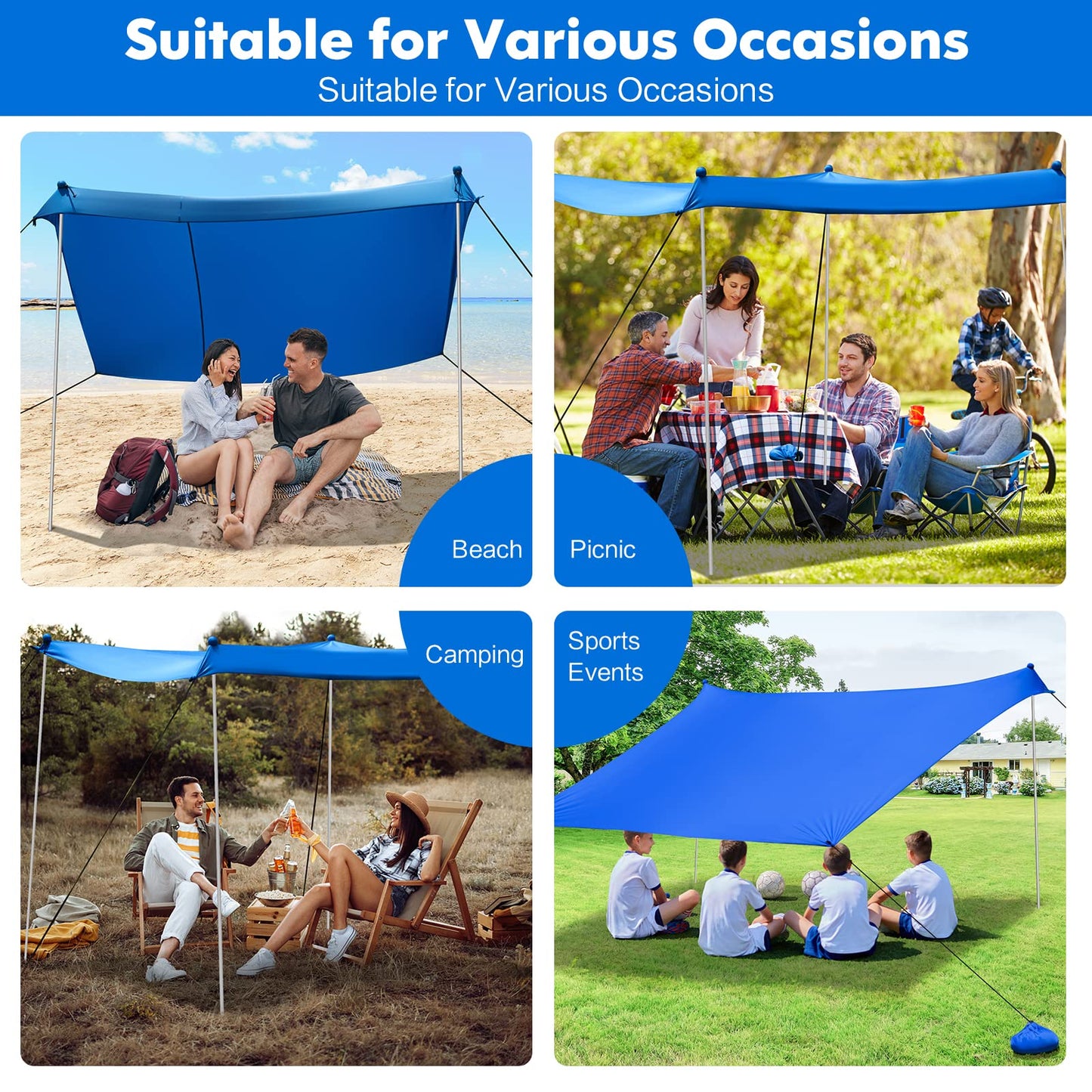 Large Beach Tent Canopy With Sandbags Sand Shovel UPF50+ Windproof (210 x 210 x 180 cm)