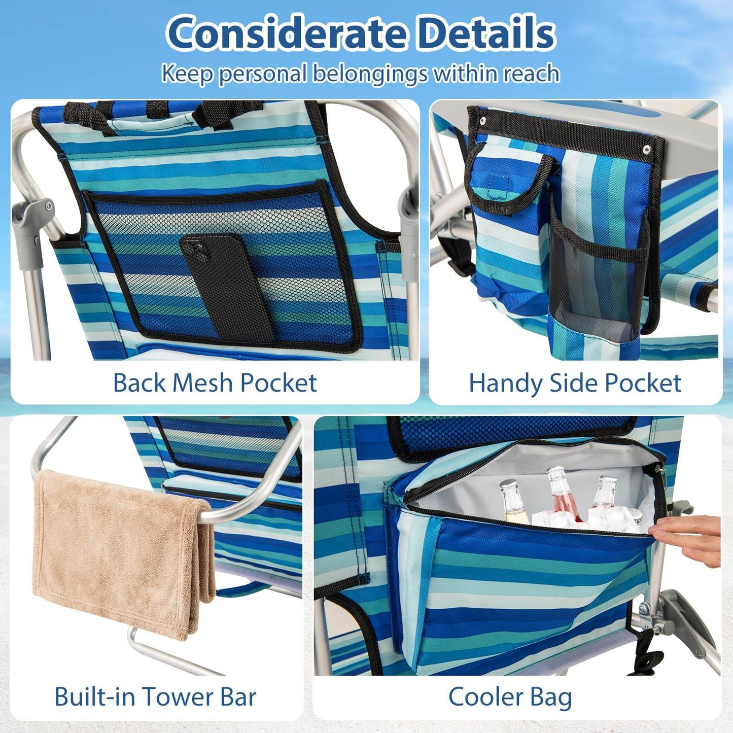 Folding Beach Chair for Adults with 4-Position Adjustable Backrest