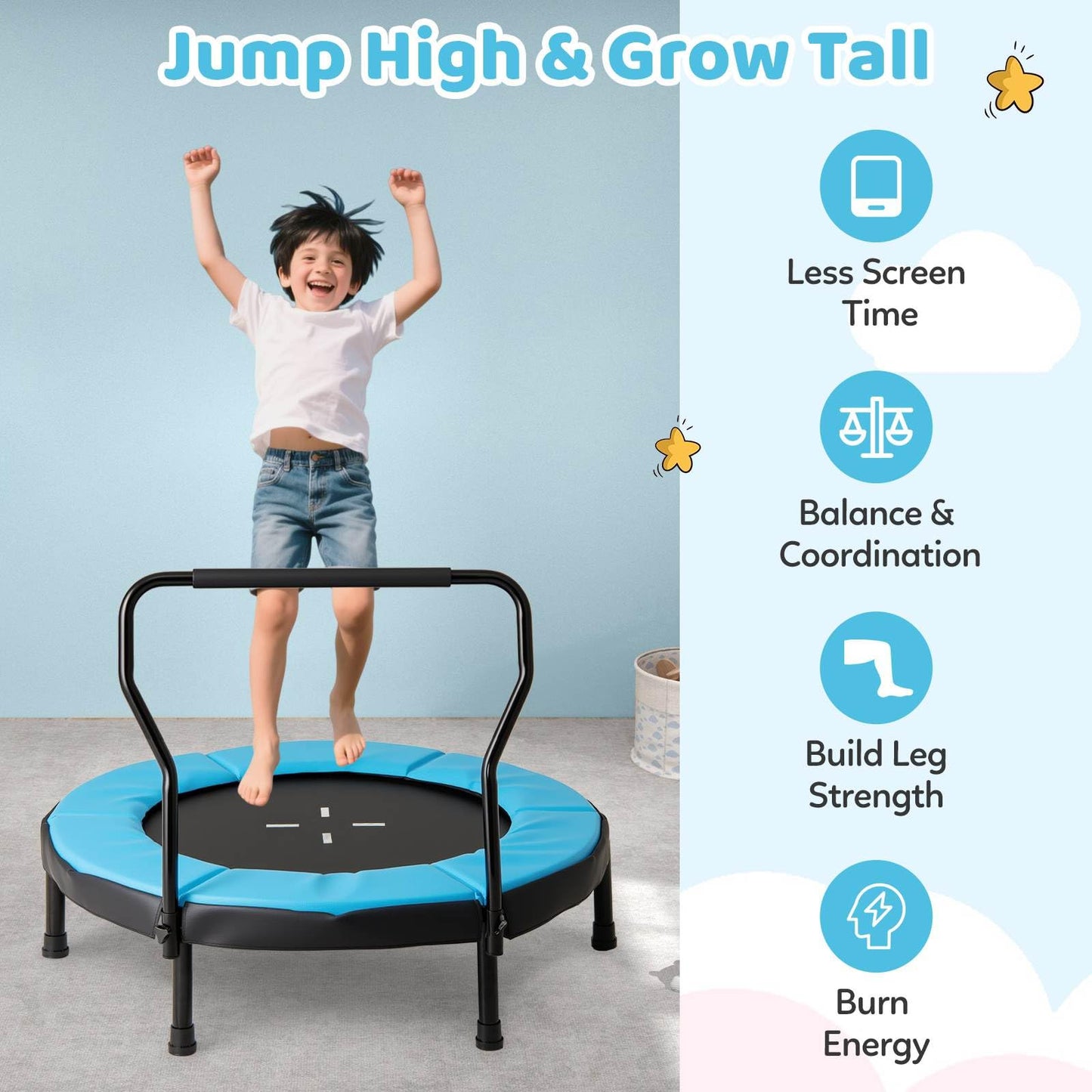 Trampoline with Foam Handlebar & Safety Pad for 3-6 Years Old Toddlers
