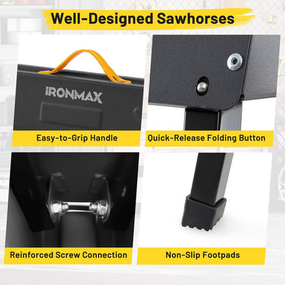 2-Pack Heavy-Duty Folding Sawhorses with 2 x 4 Supporting Arms and Carrying Handle for Woodworking