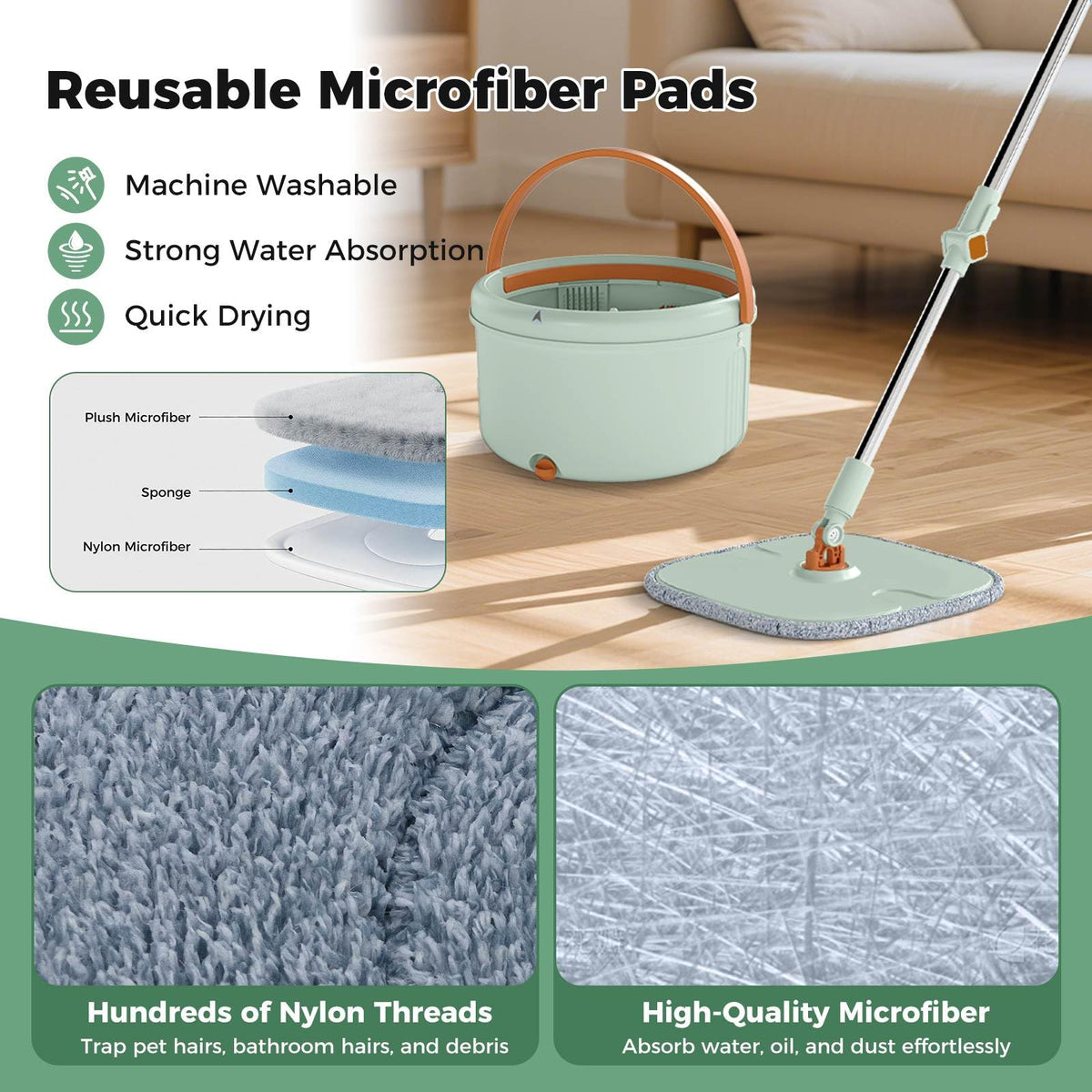 Flat Floor Mop and Bucket System with Mope Heads and Clean and Dirty Water Separation