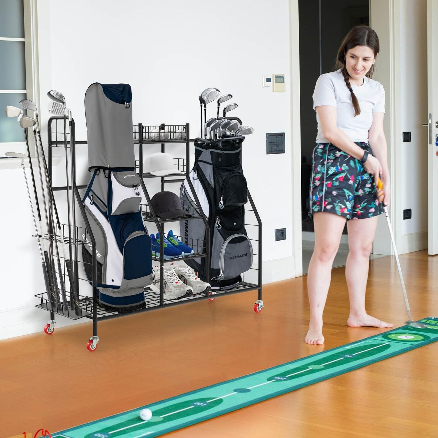 Golf Bag Organizer with Lockable Wheels for Garage
