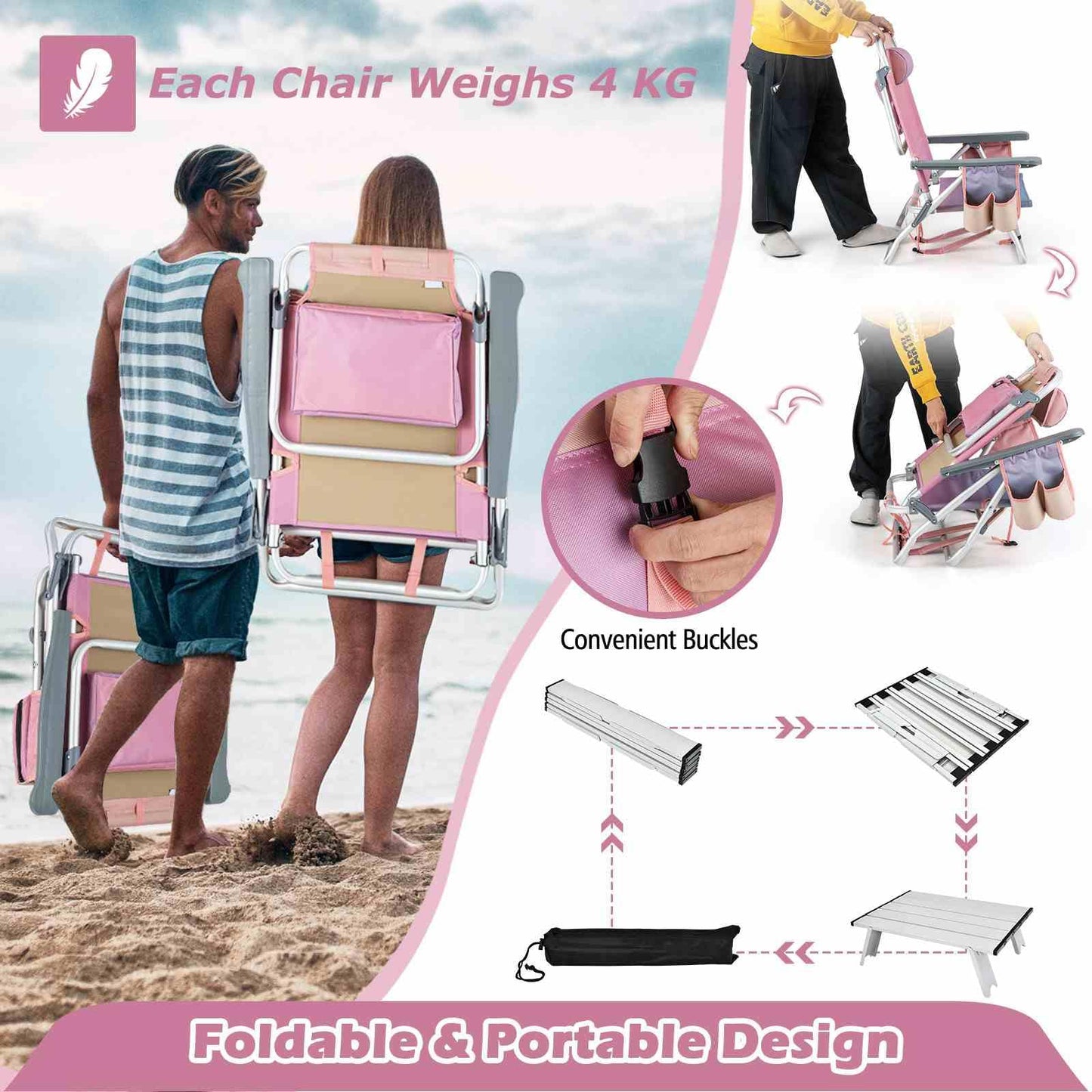 2-Pack Folding Backpack Beach Chair 5-Position Outdoor Reclining Chairs with Pillow