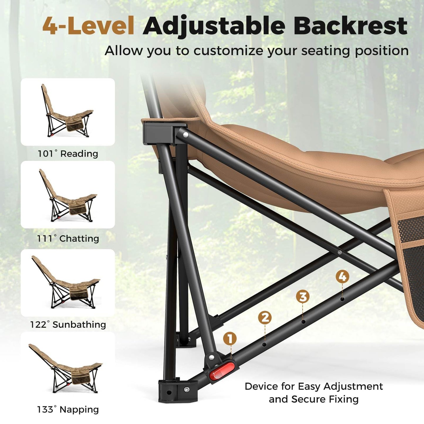 Folding Camping Chair for Adults with Adjustable Backrest and Padded Seat