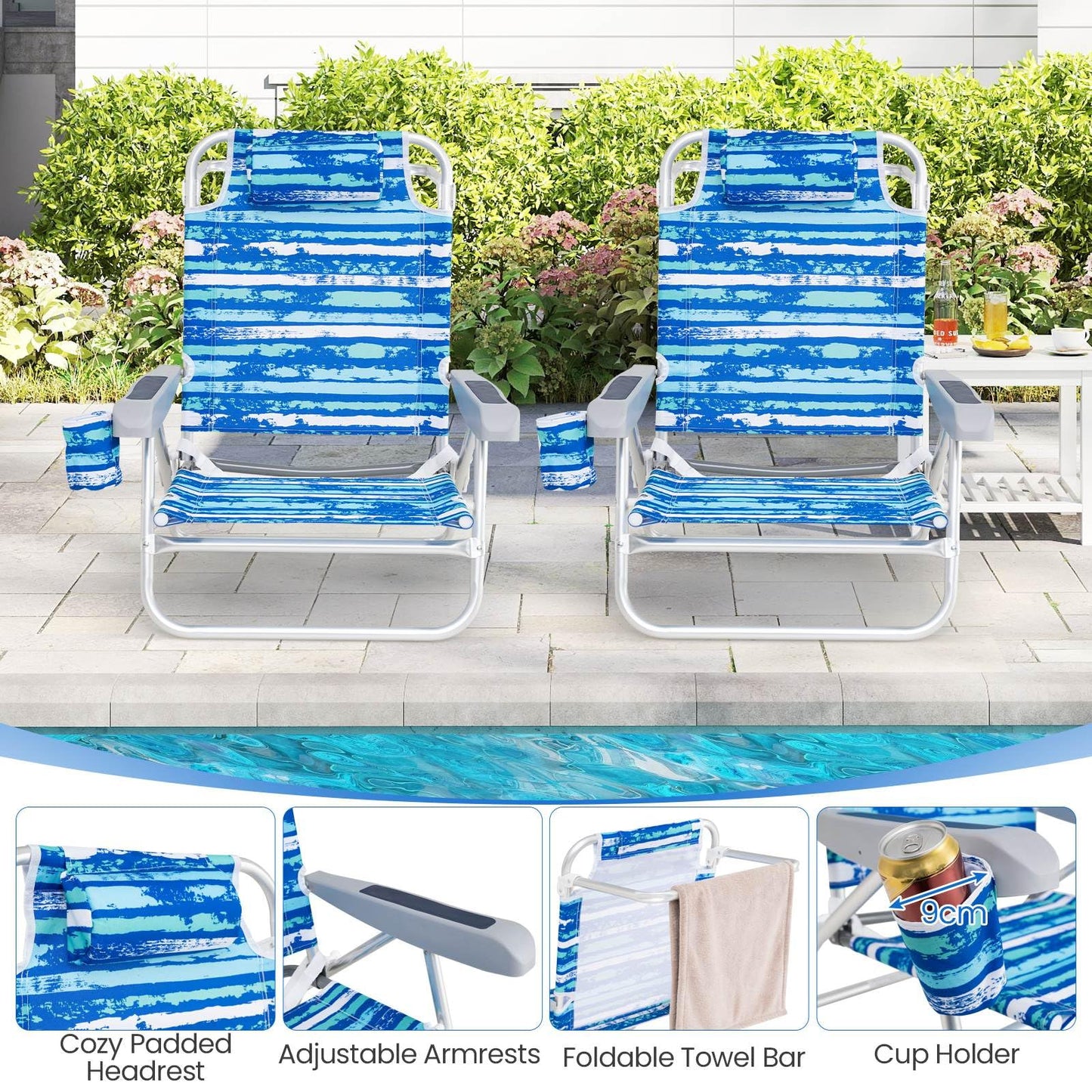 2 Pack Folding Beach Chair Adjustable with Head Pillow and Towel Bar