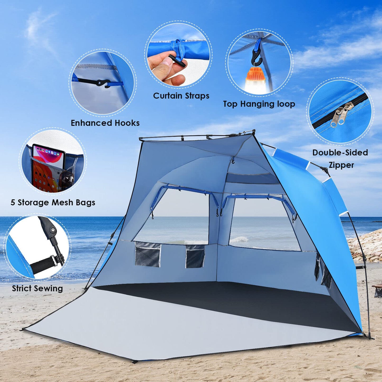 Instant Pop-up Beach Tent for 3-4 Persons Windproof Sunshade Canopy Cabana