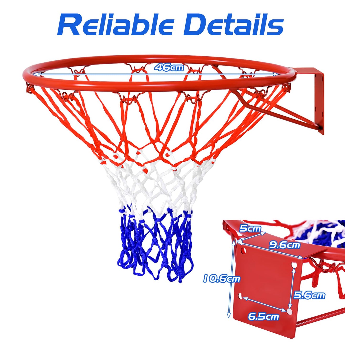 46 CM Basketball Rim Replacement Heavy-Duty Wall Mounted 18“ Basketball Hoop Net w/Standard 12 Loops