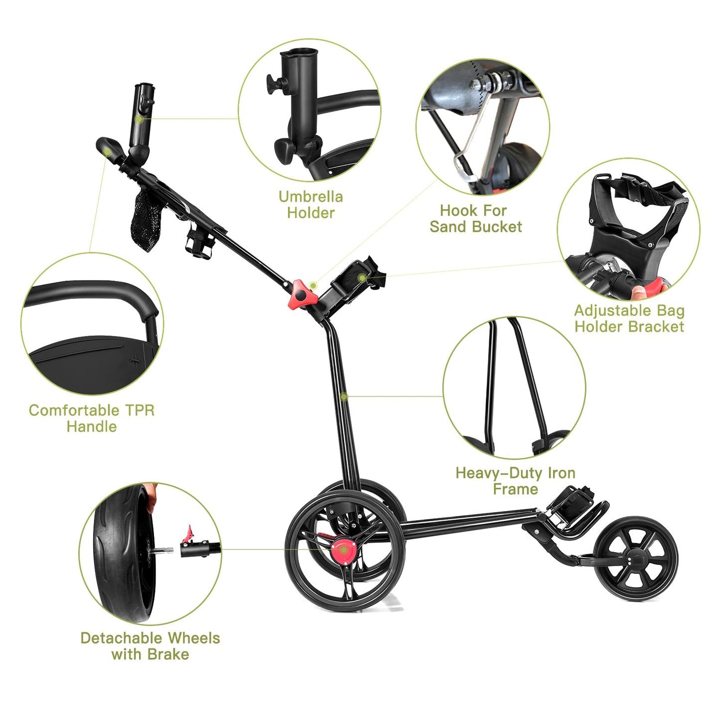 3 Wheel Golf Push Cart Folding Collapsible Lightweight Iron Golf Pull Cart with Adjustable TPR Handle