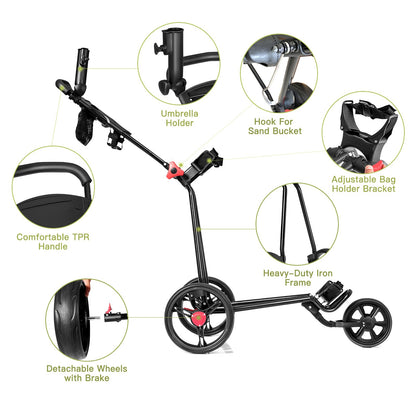 3 Wheel Golf Push Cart Folding Collapsible Lightweight Iron Golf Pull Cart with Adjustable TPR Handle