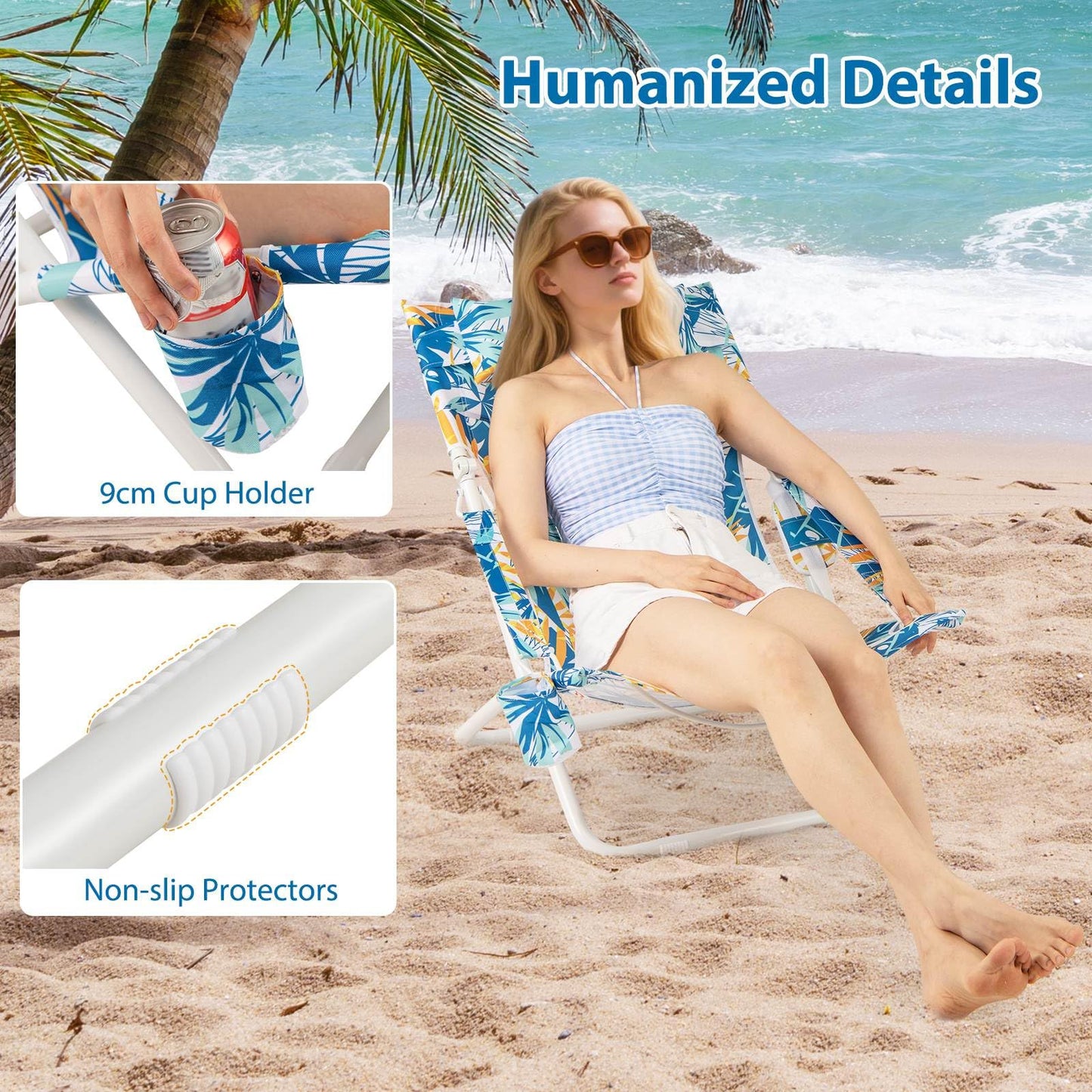 Folding Low Beach Chair Set of 2 with Padded Head Pillow