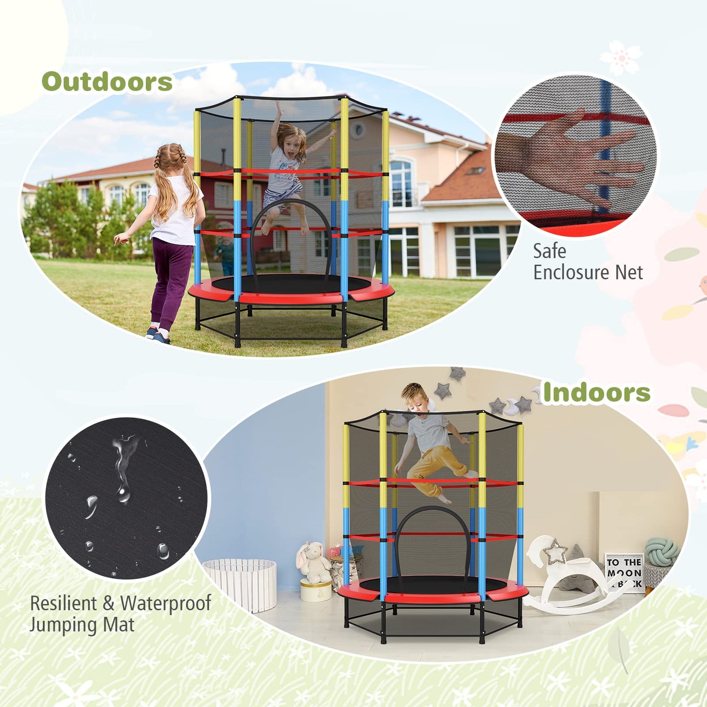 55" Kids Trampoline with Safety Enclosure Net for Boys & Girls Age 3-6